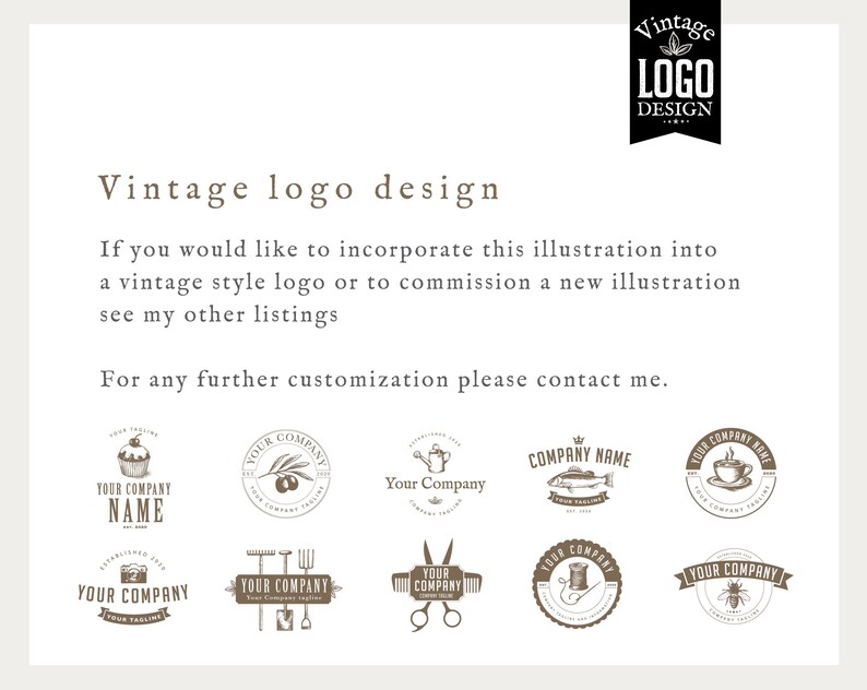 Puede incluir: Una colecci&oacute;n de dise&ntilde;os de logotipos vintage con varias ilustraciones, que incluyen una magdalena, una rama de olivo, una regadera, un pez, una taza de caf&eacute;, herramientas de jardiner&iacute;a, tijeras, hilo y aguja, y una abeja. El texto "Vintage Logo Design" est&aacute; en la parte superior de la imagen.