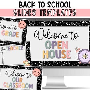 May include: A digital display of Back to School Slides Templates featuring a black and white composition notebook pattern border. The slides include text such as Welcome to 3rd Grade, Meet the Teacher, Welcome to Our Classroom, and Welcome to Open House.