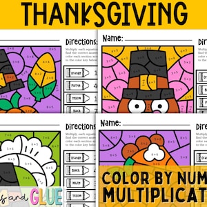 May include: Thanksgiving-themed color-by-number multiplication worksheets. Each worksheet features a different image, including a pilgrim hat, corn, and a turkey. The worksheets have color keys and multiplication problems.