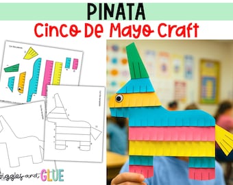 Op de afbeelding: Een kleurrijk papieren piñata-knutselwerk voor Cinco de Mayo. De piñata is gemaakt van blauw, roze, geel en groen papier. De afbeelding toont ook de uitknip-sjablonen en instructies. De tekst bovenaan luidt "PIÑATA Cinco De Mayo Craft".
