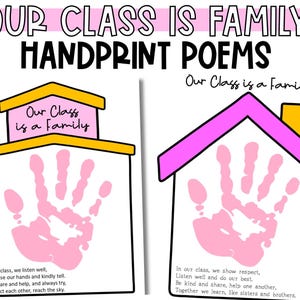 Op de afbeelding: Twee printbare activiteitenbladen getiteld Our Class Is Family Handprint Poems. Elk blad heeft een huisvormige omtrek met een roze handafdruk in het midden en een gedicht onderaan. De tekst luidt Our Class is a Family en bevat verzen over luisteren, delen en respect tonen in een klaslokaal.