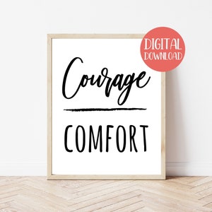 Inspirational Quote Printable Wall Art, Courage Over Comfort, Minimalist black and white home and office decor