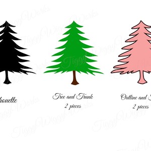 Puede incluir: Tres siluetas de árboles de Navidad en diferentes estilos. La primera es una silueta negra, la segunda es un árbol verde con un tronco marrón y la tercera es un contorno rosa con un contorno negro.