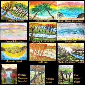 A dozen fine art greeting cards with envelopes created by disabled artist with a head-stick.