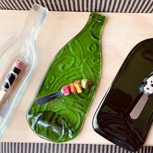 Unique Slumped Bottle Cheese, Cracker, Olive serving tray includes knife