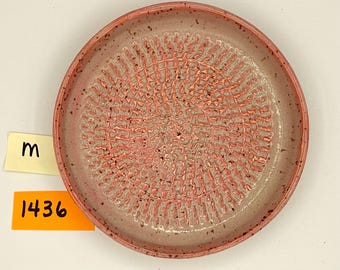 May include: A round, ceramic garlic grater with a textured, coral-colored grating surface. The rim is a darker pink with speckled details. The grater is a kitchen tool for preparing garlic and other ingredients.