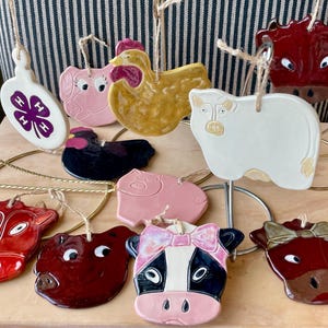 Handmade Ceramic Farm Animal Ornaments: 4-H Clover, Cattle, Pig, Chicken (Pottery)