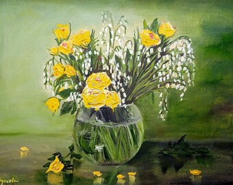19.6 inches Yellow Roses Oil Painting Original Art Flowers Oil Painting Original Flower Impasto Art flower on Canvas 15.7