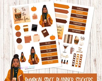 Pumpkin Spice Planner Stickers, Black Woman Illustration, Fall Stickers
