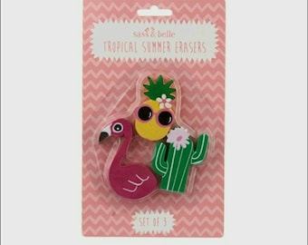 Set Of 3 Tropical Summer Erasers Stationery Unique Gift School College Work Uni Stocking Filler Pineapple Flamingo Cactus Quirky Art Rubbers