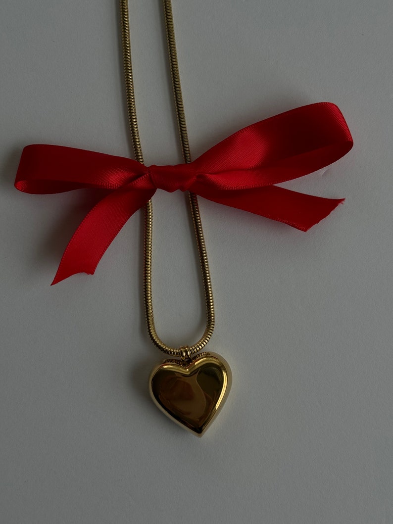 18K Gold Plated Stainless Steel Large Bubble Puffy Heart Necklace, Unique Jewelry, Waterproof, Gift For Her, Gift Idea image 2