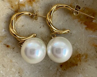 18K Gold Plated Stainless Steel Pearl Hoops, Lightweight Hoops, Unique Hoops, Hypoallergenic Earrings, Waterproof, gift for her, gift idea