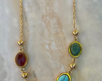 18K Gold Plated Stainless Steel Gemstone Turquoise, Lapis Azuli, Red Agate, Necklace, Unique Jewelry, Waterproof, gift for her, gift idea