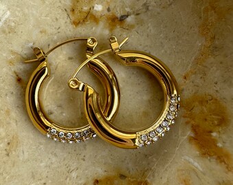 18K Gold Plated Stainless Steel CZ Hoops, Lightweight Hoops, Unique Hoops, Hypoallergenic Earrings, Waterproof, gift for her, gift idea