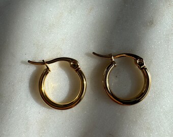 Gold Plated Stainless Steel Mini 15mm Hoops,Everyday Hoops, Hypoallergenic Earrings, Waterproof, gift for her, gift idea