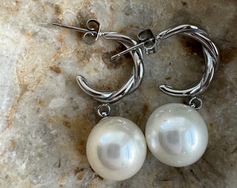 Stainless Steel Pearl Hoops, Lightweight Hoops, Unique Hoops, Hypoallergenic Earrings, Waterproof, gift for her, gift idea