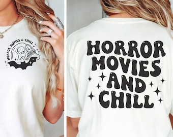 Horror Movies and Chill SVG | Skull Head & Bat Silhouette Cut Files | Trendy Front and Back Halloween SVG Designs
