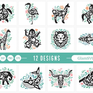 May include: Twelve black and white silhouette designs of various animals with floral patterns inside them. The animals include a turtle, flamingo, llama, unicorn, giraffe, frog, lion, shark, elephant, whale, bull, and sloth. The designs are set against a white background.