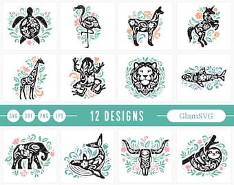 Pacchetto SVG di animali di arte popolare, Sea Turtle Svg, Elephant Svg, Flamingo Svg, File Svg per Cricut, Llama Svg, Unicorn Svg, Sloth Svg, Whale Svg