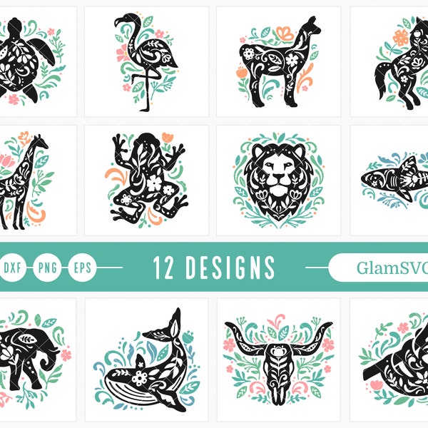 Folk Art Animals SVG bundle, Sea Turtle Svg, Elephant Svg, Flamingo Svg, Svg Files for Cricut, Llama Svg, Unicorn Svg, Sloth Svg, Whale Svg
