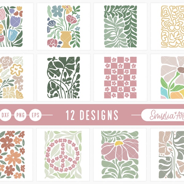 Danish Pastel Flowers SVG Bundle, Flowers svg, Floral svg, Abstract svg files, Peace and Love Svg, Wall art svg, Wall decor Svg Files, Png