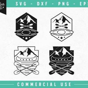 Pode incluir: Quatro ilustrações em preto e branco de uma cena de montanha com uma canoa e remos. As ilustrações têm a forma de um hexágono e um escudo.