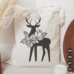 Hirsch Silhouette und Weihnachtsblumen SVG | Weihnachten Weihnachtsstern SVG geschnittene Dateien für Cricut | Digitaler Download
