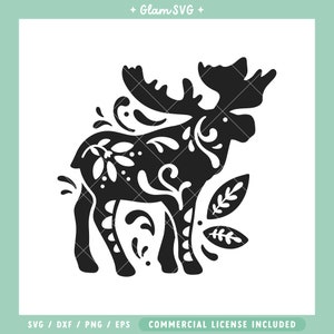 Moose SVG, Folk Art Moose svg, Forest Animal SVG Cut Files for Cricut, Animal svg Files, Moose Silhouette SVG, png, leaves, nature svg