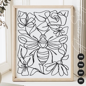 May include: A framed black and white line art print featuring a bee surrounded by flowers and leaves. The artwork is a continuous line drawing style, with a minimalist aesthetic. The frame is a light wood color.