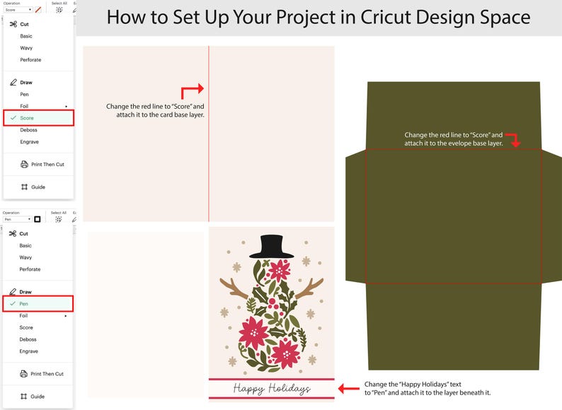 Puede incluir: Tutorial para configurar un proyecto en Cricut Design Space. La imagen muestra los pasos para marcar y dibujar, con un dise&ntilde;o de mu&ntilde;eco de nieve y el texto "Happy Holidays". Instrucciones para las capas de tarjeta y sobre.