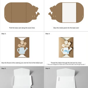 Puede incluir: Instrucciones ilustradas para el montaje de una tarjeta. Los pasos muestran c&oacute;mo doblar la tarjeta base, pegar los paneles y a&ntilde;adir una cinta. El dise&ntilde;o de la tarjeta incluye una regadera y flores. Tambi&eacute;n se muestra el montaje del sobre.