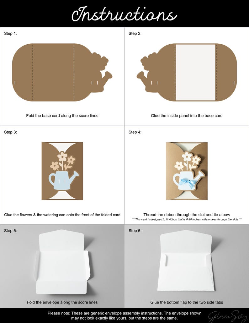 Puede incluir: Instrucciones ilustradas para el montaje de una tarjeta. Los pasos muestran c&oacute;mo doblar la tarjeta base, pegar los paneles y a&ntilde;adir una cinta. El dise&ntilde;o de la tarjeta incluye una regadera y flores. Tambi&eacute;n se muestra el montaje del sobre.