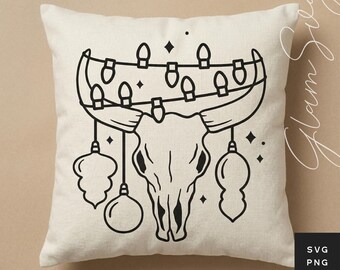 Western Christmas Bull Skull SVG | Lights, Ornaments Cut File (Digital Download)