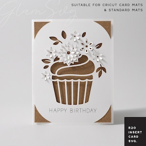 Verjaardag invoegkaart SVG | Cupcake en bloemenkaart voor Cricut kaartmatten & standaardmatten | Pop-up bloemen SVG | 3D-bloemen SVG | R20
