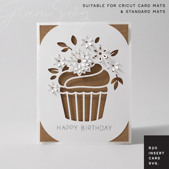 Birthday Insert Card SVG | Cupcake and Flowers Card for Cricut Card Mats & Standard Mats | Pop Up Flowers SVG | 3d Flowers SVG | R20