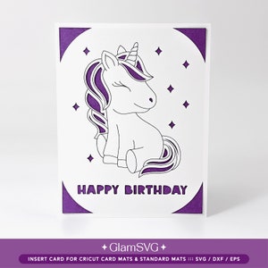 Feliz cumpleaños Unicornio Insertar tarjeta SVG / Tarjeta de cumpleaños para Cricut Joy, Cricut Maker, Cricut Explore / Sobre y forro SVG incluido