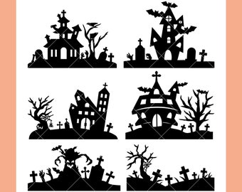 Halloween Scene Silhouettes SVG Bundle | Pliki SVG do cięcia nawiedzonych domów dla Cricut | Pobieranie cyfrowe