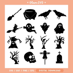 Könnte beinhalten: Ein Set mit 14 schwarzen und weißen Halloween-SVG-Schnittdateien. Die Dateien beinhalten einen Kessel, Geister, eine Hexe, einen Baum, einen Schädel, ein Kreuz, eine Vogelscheuche und mehr.