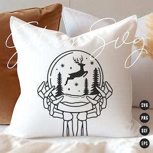 May include: Black and white line art design of a skeletal hand holding a snow globe with a deer inside. The snow globe has a simple design with a few snowflakes and pine trees.