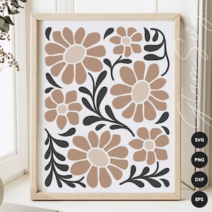 May include: A digital art print featuring a repeating pattern of brown stylized flowers and black leaves on a white background. The print is framed in a light wood frame.