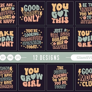 Paquete SVG retro inspirador, frases de amor propio diciendo, Groovy Svg, Wavy Retro Svg, archivos Svg para Cricut, Retro Quotes Svg, Hippie Svg