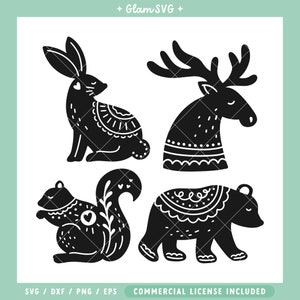 Pacchetto SVG di animali scandinavi / Animali invernali della foresta SVG Taglia file per Cricut / Animali di arte popolare SVG / Download digitale