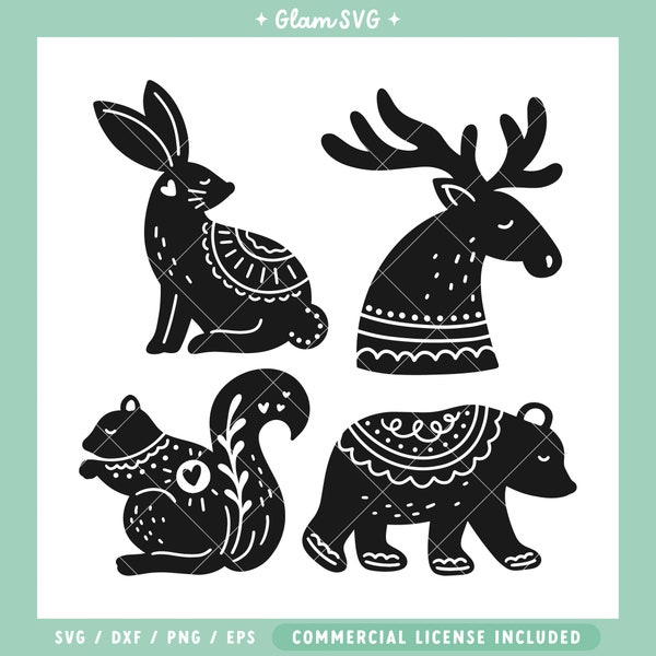 Scandinavian Animals SVG Bundle | Forest Winter Animals SVG Cut Files for Cricut | Folk Art Animals SVG | Digital Download