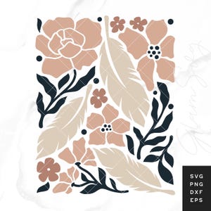 Könnte beinhalten: Ein digitales Design mit einem Muster aus rosa und beigen Blumen, Blättern und Federn. Das Design ist im minimalistischen Stil mit einem dunkelblauen Umriss gehalten.
