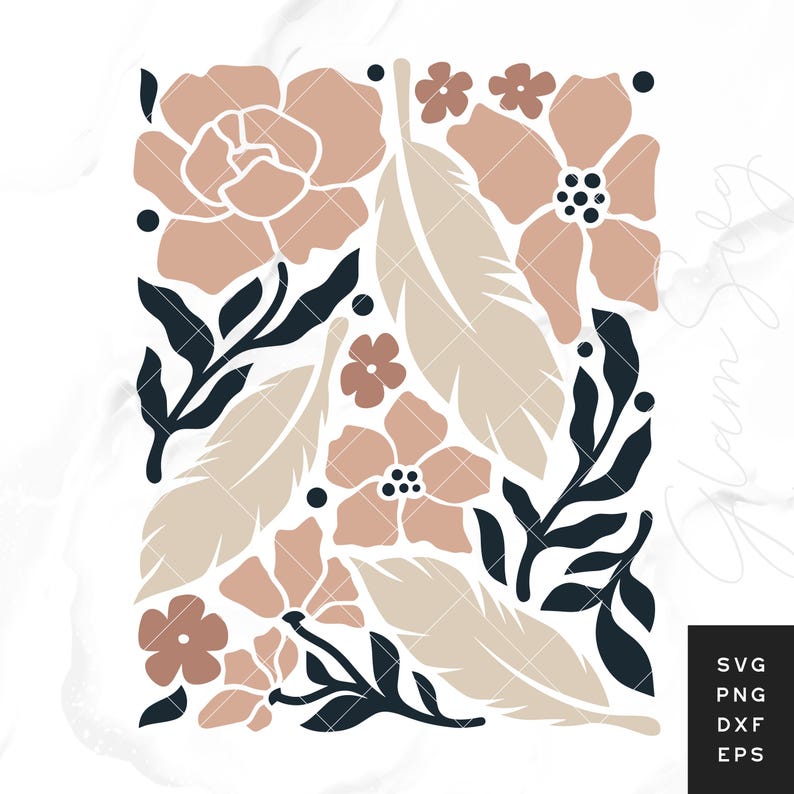 May include: A digital design featuring a pattern of pink and beige flowers, leaves, and feathers. The design is in a minimalist style with a dark blue outline.