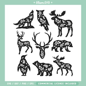 Puede incluir: Un conjunto de 10 ilustraciones de animales en silueta negra y blanca con detalles florales. Los animales incluyen un lobo, un búho, un alce, un ciervo, un oso, un pingüino y una cabeza de alce.