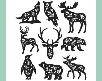 Animal Leaves Silhouettes SVG Bundle | Winter Animals SVG Cut Files for Cricut | Digital Download