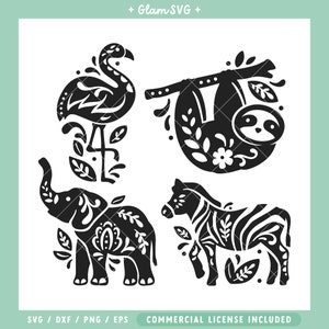 May include: A set of five black and white silhouette animal illustrations with floral details. The animals include a flamingo, a sloth, an elephant, and a zebra.