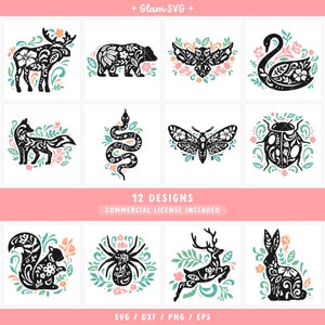 Folk Art Forest Animals SVG bundle, Moose Svg, Fox Svg, Deer Svg, Owl Svg , Svg Files for Cricut, Snake Svg, Squirrel Svg, Ladybug Svg, Bear image 1