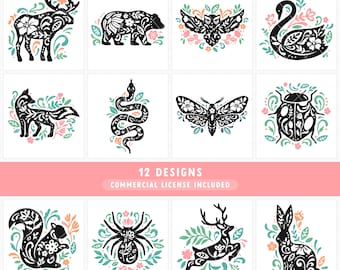 Folk Art Forest Animals SVG bundle, Moose Svg, Fox Svg, Deer Svg, Owl Svg , Svg Files for Cricut, Snake Svg, Squirrel Svg, Ladybug Svg, Bear